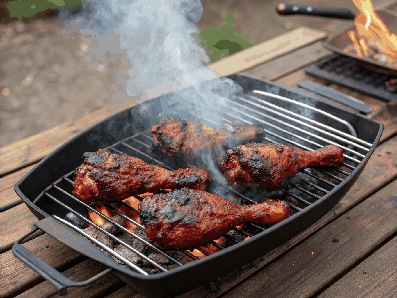 Jamaican jerk chicken grilling over open flame at Peoples Jamaican Restaurant
